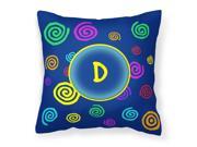 Letter D Initial Monogram Blue Swirls Decorative Canvas Fabric Pillow