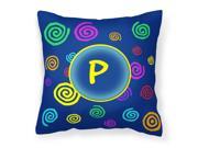 Letter P Initial Monogram Blue Swirls Decorative Canvas Fabric Pillow