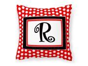 Letter R Initial Monogram Red Black Polka Dots Decorative Canvas Fabric Pillow