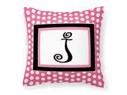 Letter J Initial Monogram Pink Black Polka Dots Decorative Canvas Fabric Pillow