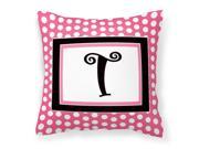 Letter T Initial Monogram Pink Black Polka Dots Decorative Canvas Fabric Pillow