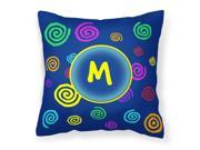 Letter M Initial Monogram Blue Swirls Decorative Canvas Fabric Pillow