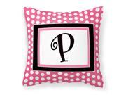 Letter P Initial Monogram Pink Black Polka Dots Decorative Canvas Fabric Pillow