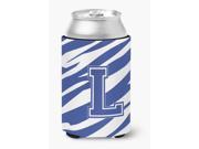 Letter L Initial Monogram Tiger Stripe Blue and White Can Beverage Insulator Hugger