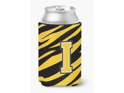 Letter I Initial Monogram Tiger Stripe Black Gold Can Beverage Insulator Hugger