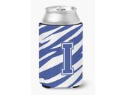 Letter I Initial Monogram Tiger Stripe Blue and White Can Beverage Insulator Hugger
