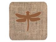 Set of 4 Dragonfly Burlap and Brown Foam Coasters