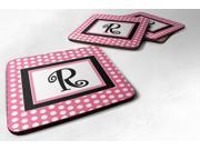 Set of 4 Monogram Pink Black Polka Dots Foam Coasters Initial Letter R