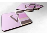Set of 4 Monogram Pink Stripes Foam Coasters Initial Letter V