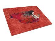 Black Haired Mermaid on Red Glass Cutting Board Large 8726LCB