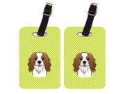 Pair of Checkerboard Lime Green Cavalier Spaniel Luggage Tags BB1286BT
