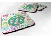 Set of 4 Letter N Flowers Pink Teal Green Initial Foam Coasters CJ2011 NFC