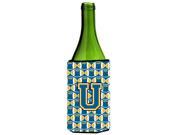 Letter U Football Blue and Gold Wine Bottle Beverage Insulator Hugger CJ1077 ULITERK