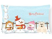 Merry Christmas Carolers English Bulldog White Canvas Fabric Decorative Pillow BB2454PW1216