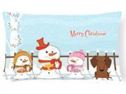 Merry Christmas Carolers Dachshund Red Brown Canvas Fabric Decorative Pillow BB2461PW1216