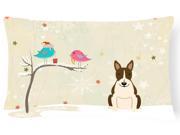 Christmas Presents between Friends Bull Terrier Dark Brindle Canvas Fabric Decorative Pillow BB2608PW1216