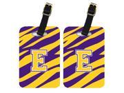 Pair of 2 Tiger Stripe Purple Gold Letter E Monogram Initial Luggage Tags