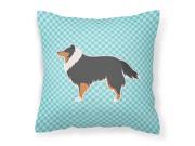 Sheltie Shetland Sheepdog Checkerboard Blue Fabric Decorative Pillow BB3730PW1414
