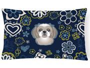 Blue Flowers Gray Silver Shih Tzu Canvas Fabric Decorative Pillow BB5101PW1216