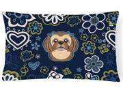 Blue Flowers Chocolate Brown Shih Tzu Canvas Fabric Decorative Pillow BB5100PW1216