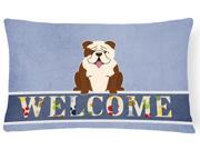 English Bulldog Brindle White Welcome Canvas Fabric Decorative Pillow BB5702PW1216