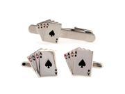 Funny Four A Poker Silver Cufflilnks and Tie Clip Set