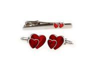 Romantic Double Red Heart Pattern Cufflilnks and Tie Clip Set