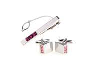 Fascinating Pink Crystal Silver Cufflilnks and Tie Clip Set