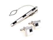 Classic Black Square Crystal Silver Cufflilnks and Tie Clip Set