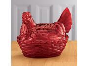 Red Depression Style Glass Hen Candy Dish