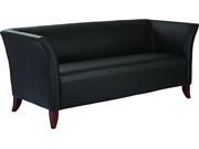 Black Faux Leather Sofa With Cherry Finish. Shipped Assembled With Legs Unmounted.