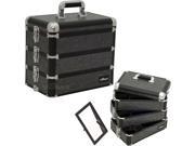 Black Interchangeable Stackable Tray Krystal Pattern Professional Aluminum Cosmetic Makeup Case with Dividers E3303