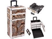 Leopard Textured Printing Professional Rolling Aluminum Cosmetic Makeup Case with Split Drawers and Easy Slide and Extendable Trays with Dividers I3262
