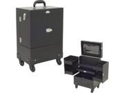 4 Wheels Black Faux Leather Nail Artist Pro Rolling Case with 4 Foundation holder Trays and Clear Pouch