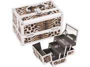Brown Leopard Textured Printing 2 Tiers Extendable Trays Cosmetic Makeup Train Case with Mirror M1001