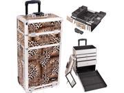 Leopard Textured Printing Professional Rolling Aluminum Cosmetic Makeup Case with Large Drawers and Easy Slide and Extendable Trays with Dividers I3263
