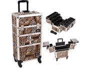 Leopard Printing Textured 3 Tiers Accordion Trays 4 Wheels Professional Rolling Aluminum Cosmetic Makeup Case and 6 Tiers Extendable Trays with Dividers I3464