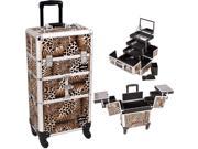 Leopard Printing Textured 3 Tiers Accordion Trays 4 Wheels Professional Rolling Aluminum Cosmetic Makeup Case and 3 Tiers Extendable Trays with Mirror and Brush
