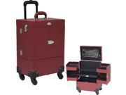 4 Wheels Red Faux Leather Nail Artist Pro Rolling Case with 4 Foundation holder Trays and Clear Pouch