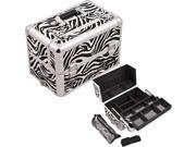 White Interchangeable Easy Slide Extendable Tray Zebra Textured Printing Professional Aluminum Cosmetic Makeup Case with Dividers Brush Holder and Clear Bag