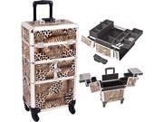 Leopard Printing Textured 3 Tiers Accordion Trays 4 Wheels Professional Rolling Aluminum Cosmetic Makeup Case and Easy Slide Trays and Extendable Trays with Div