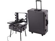 ALL BLACK PROFESSIONAL ROLLING STUDIO MAKEUP CASE with LIGHTS LEGS MIRROR C6010