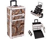 Leopard Textured Printing Professional Rolling Aluminum Cosmetic Makeup Case with Split Drawers and 3 Tiers Extendable Trays with Mirror and Brush Holder I356