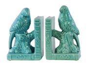 Ceramic Parakeet on a Tree Branch Bookend on Book Base Set of Two Gloss FInish Turquoise