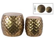 Metal Round Table with Embossed Lattice Design Set of Two Metallic Finish Gold