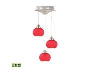 Ciotola 3 Light LED Pendant In Satin Nickel With Red Glass