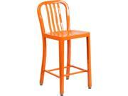 24 High Orange Metal Indoor Outdoor Counter Height Stool with Vertical Slat Back