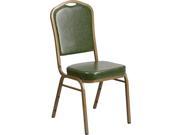 HERCULES Series Crown Back Stacking Banquet Chair with Green Vinyl and 2.5 Thick Seat Gold Frame