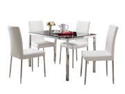 Pilaster Designs 5 PC Set Rectangle Dining Table With Glass top Metal Base 4 White Parson Chairs With Chrome Legs