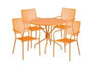 35.25 Round Orange Indoor Outdoor Steel Patio Table Set with 4 Square Back Chairs